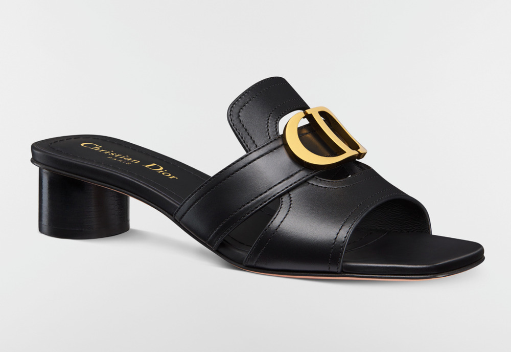 Christian Dior 30 Montaigne Dway Heeled Slide Black Gold Logo Heel Sandal 35